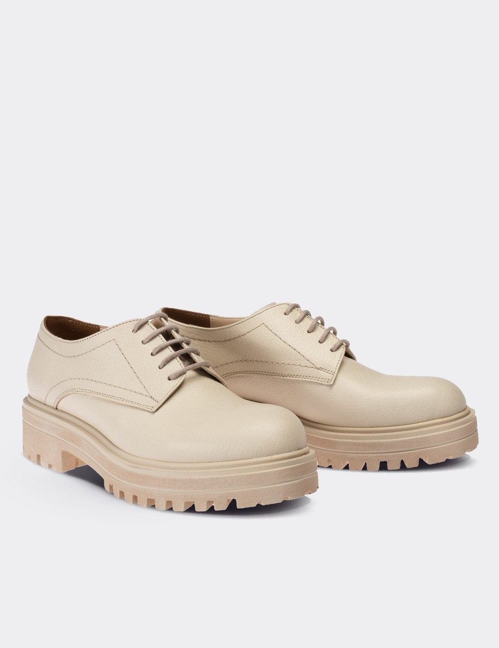 Beige  Leather Oxford Lace-up Shoes - 01430ZBEJE05