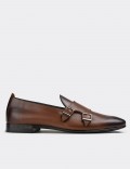 Tan  Leather Monk-Strap Loafers