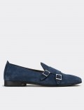 Blue Suede Leather Monk-Strap Loafers
