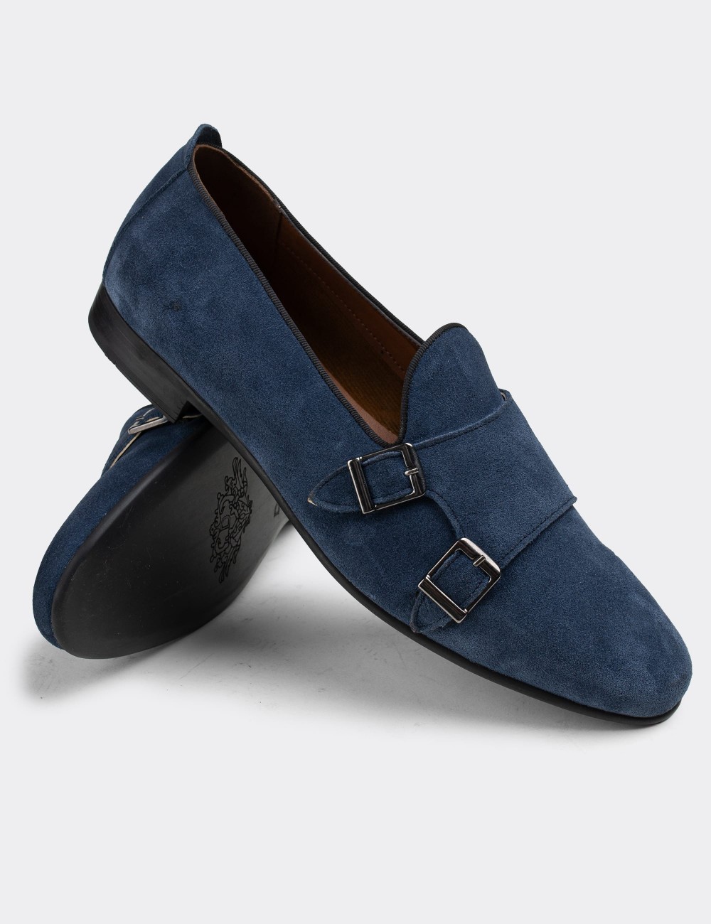 Blue Suede Leather Monk-Strap Loafers - 01705MMVIC01