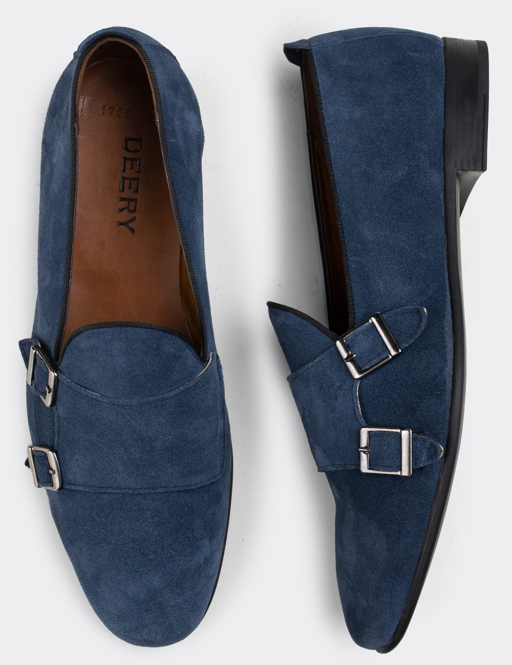 Blue Suede Leather Monk-Strap Loafers - 01705MMVIC01