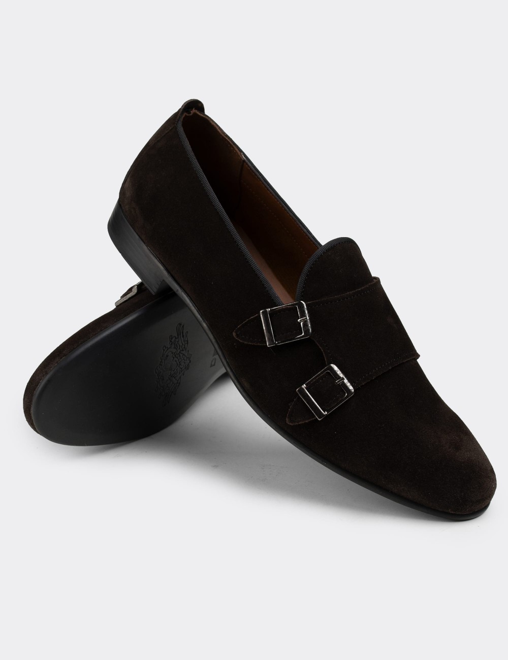 Brown Suede Leather Monk-Strap Loafers - 01705MKHVC04
