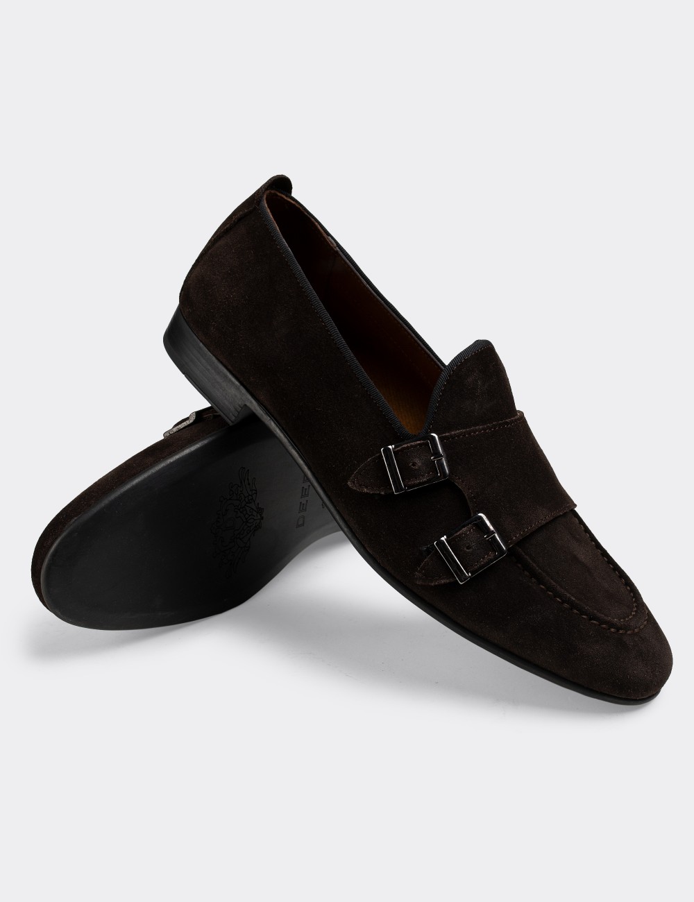 Brown Suede Leather Monk-Strap Loafers - 01704MKHVC04