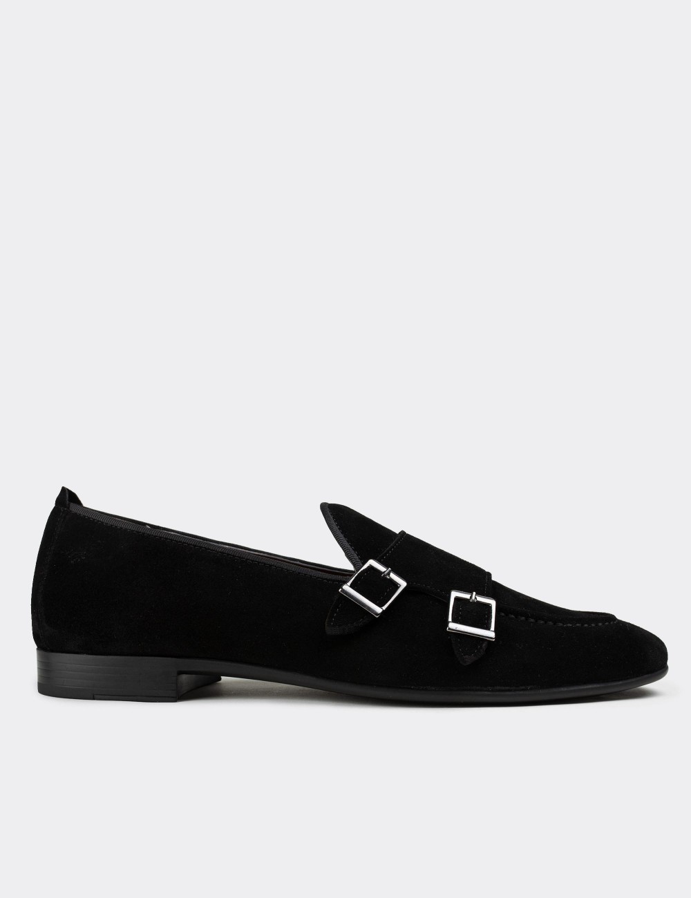 Black Suede Leather Double Monk-Strap Loafers - 01704MSYHC06