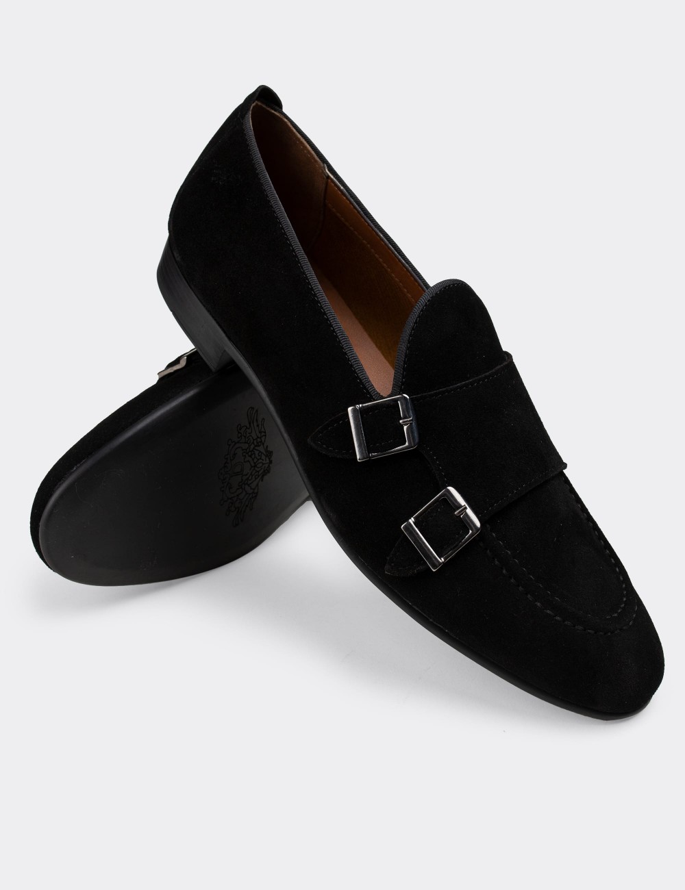 Black Suede Leather Double Monk-Strap Loafers - 01704MSYHC06