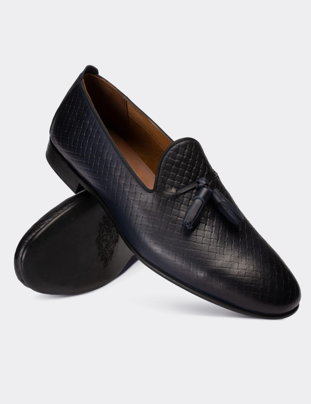 Navy  Leather Loafers - 01702MLCVC04