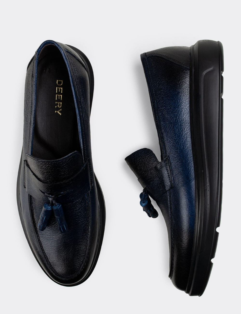 Navy  Leather Loafers - 01587MLCVP06