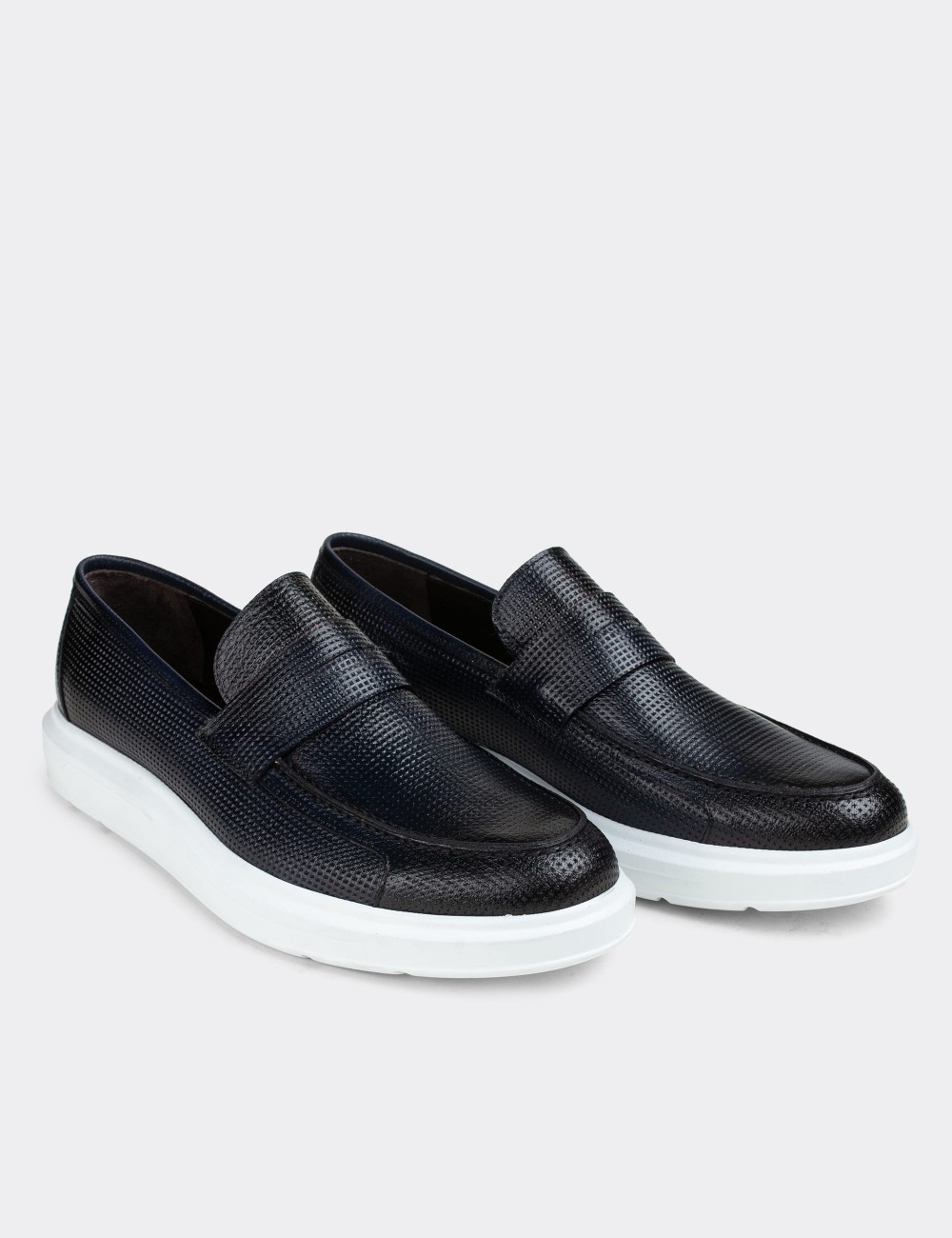 Navy  Leather Loafers - 01564MLCVP10