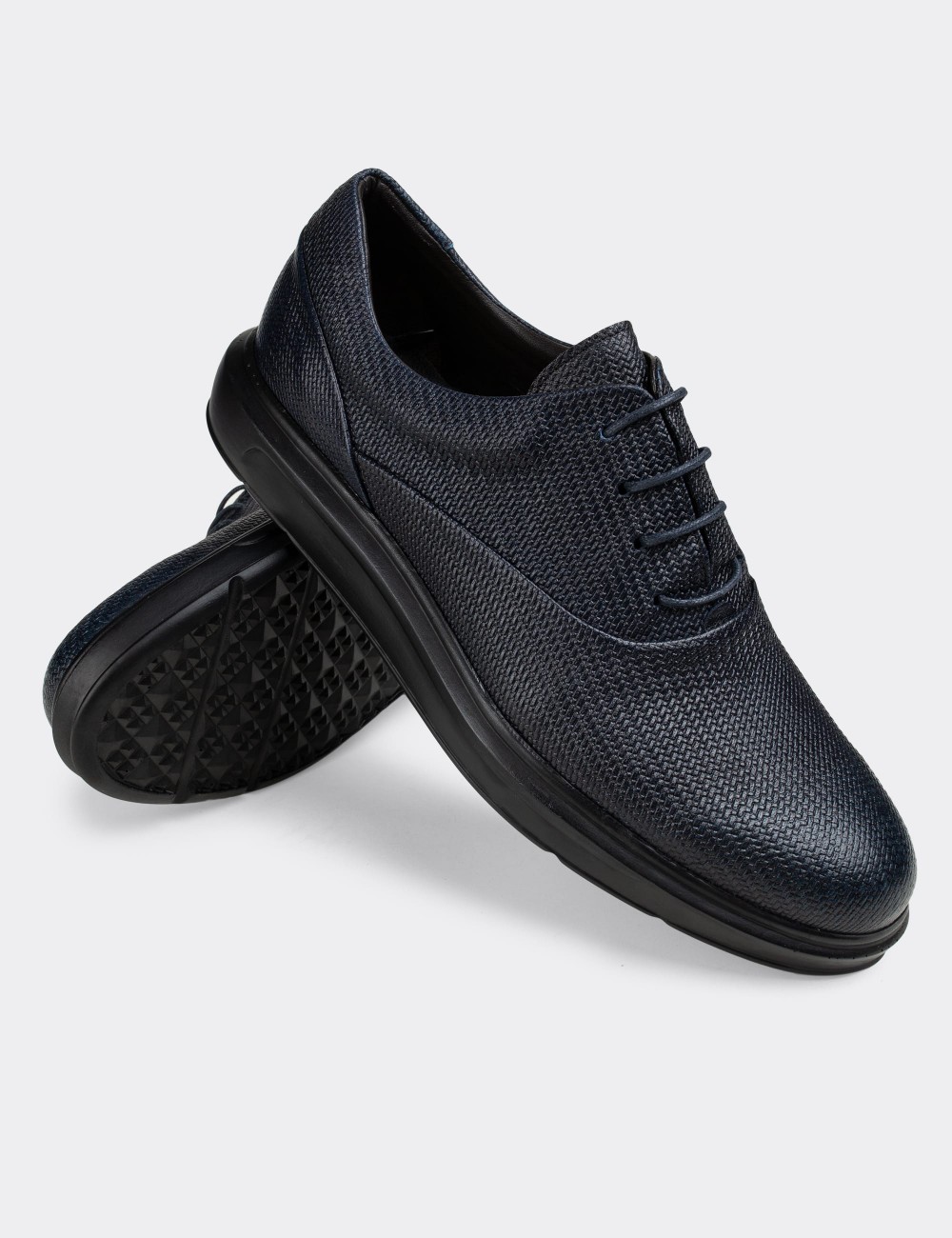 Navy Blue  Leather Lace-up Shoes - 01652MLCVP06