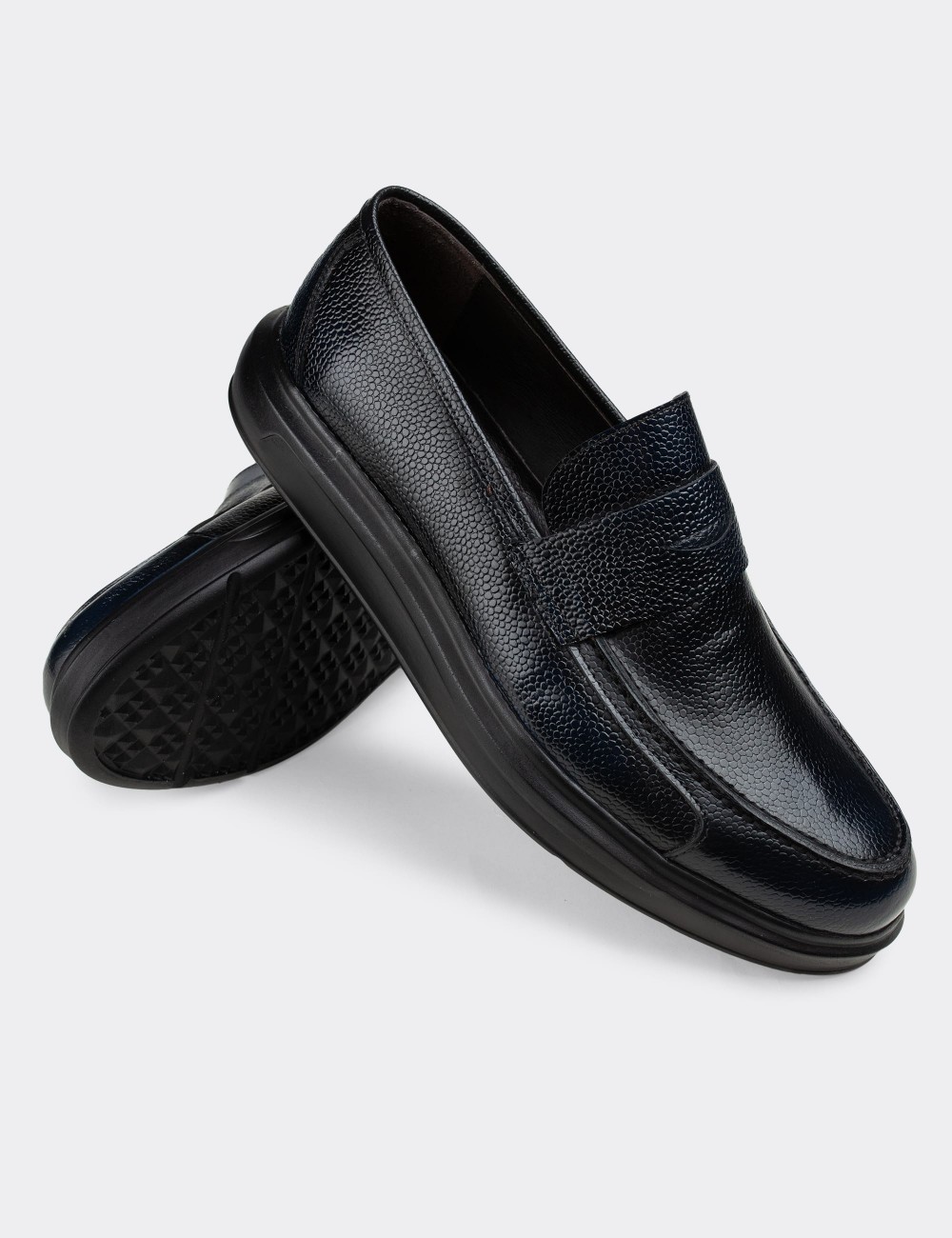 Navy Blue  Leather Loafers - 01564MLCVP09