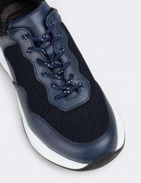 Navy  Leather Sneakers