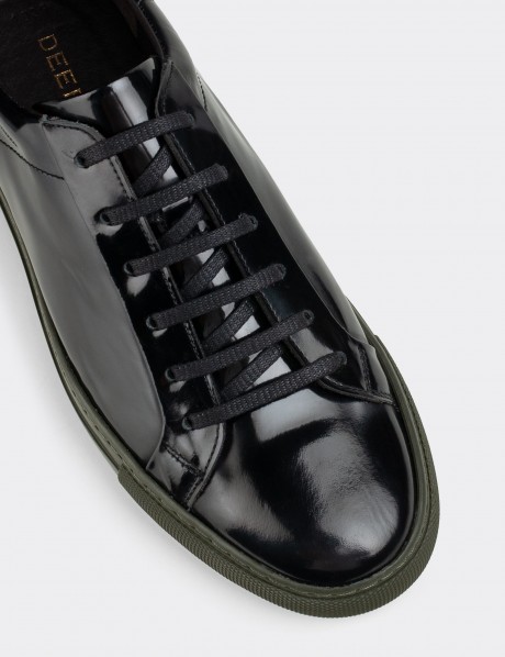 THICK-SOLED ELASTIC BACKLESS SHOES BLACK SHINY CALFSKIN