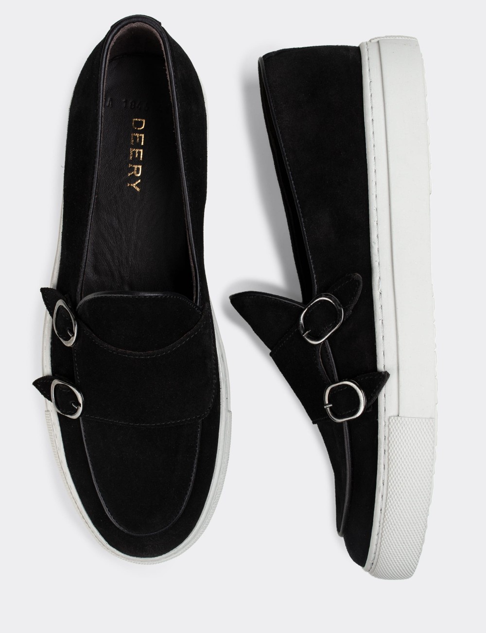 Black Suede Leather Double Monk-Strap Sneakers - 01846MSYHC01