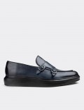 Blue  Leather Double Monk-Strap Loafers