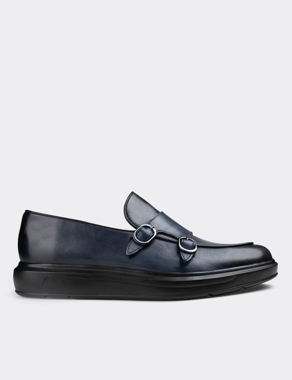 Blue  Leather Double Monk-Strap Loafers - 01843MMVIP01