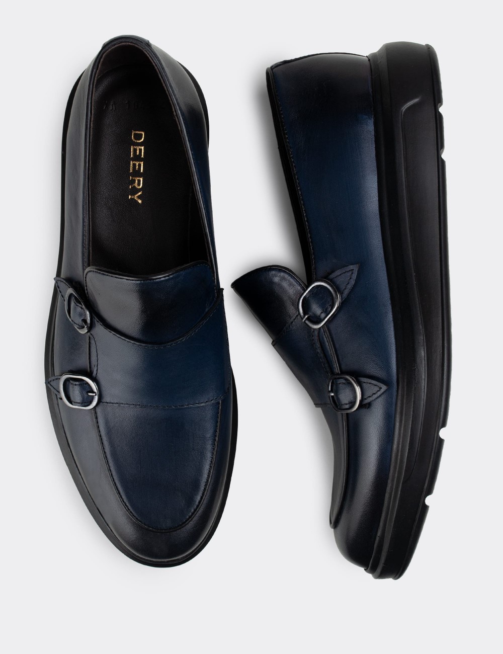 Blue  Leather Double Monk-Strap Loafers - 01843MMVIP01