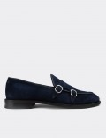 Blue Suede Leather Double Monk-Strap Loafers