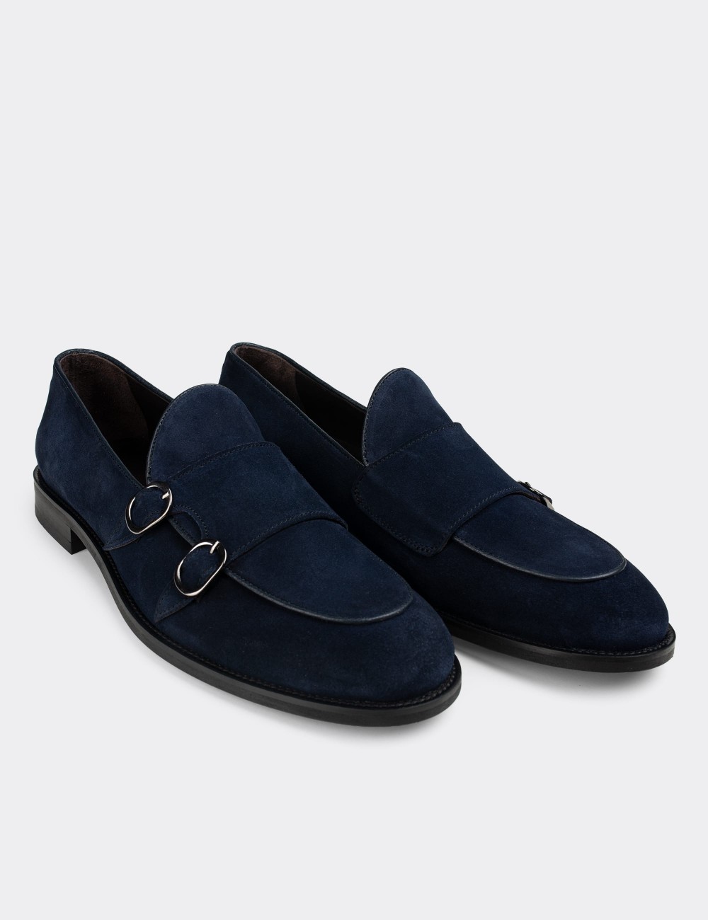 Blue Suede Leather Double Monk-Strap Loafers - 01844MMVIN01