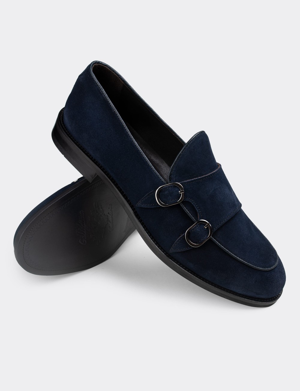 Blue Suede Leather Double Monk-Strap Loafers - 01844MMVIN01
