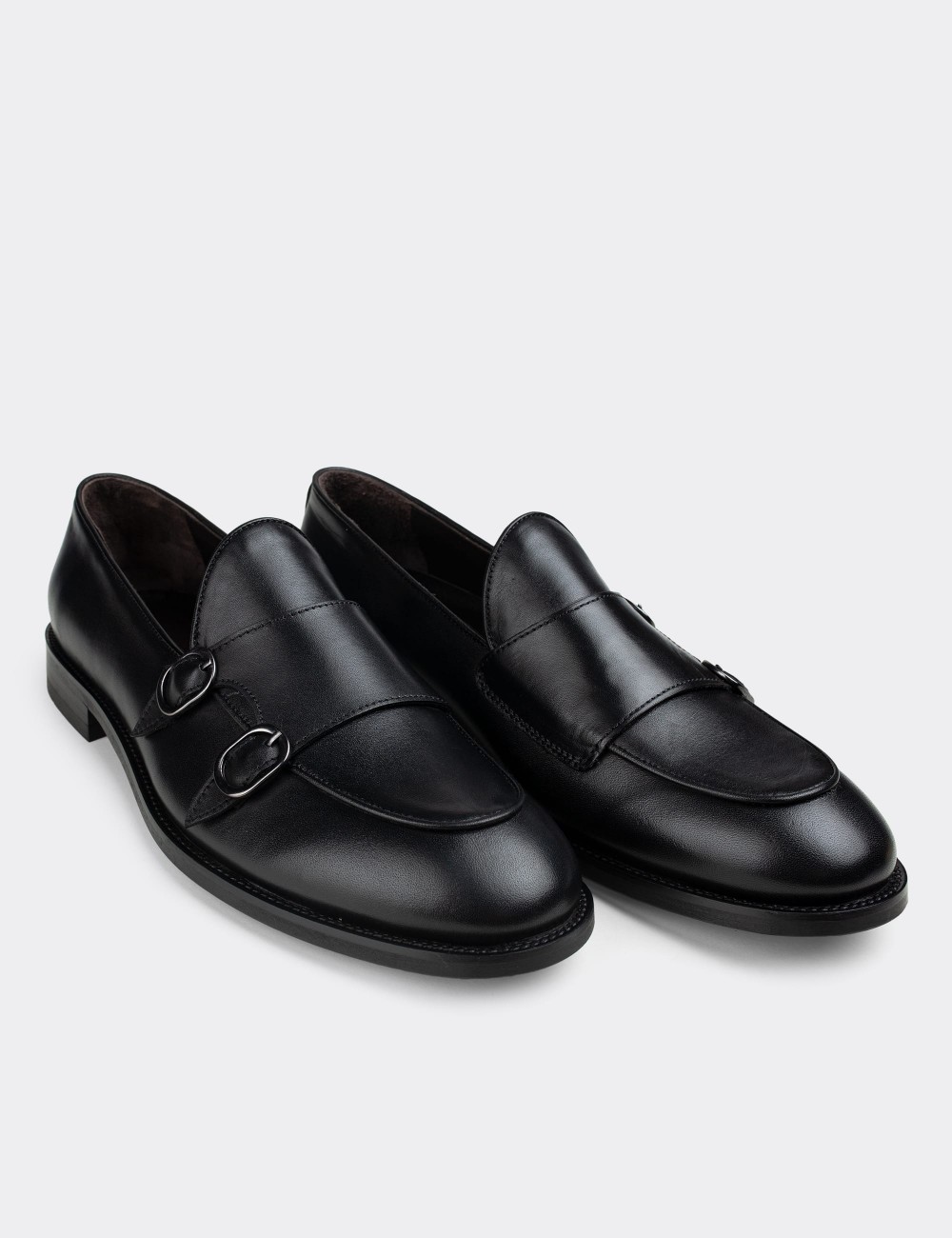 Black  Leather Double Monk-Strap Loafers - 01844MSYHN01