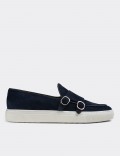 Navy Suede Leather Double Monk-Strap Sneakers
