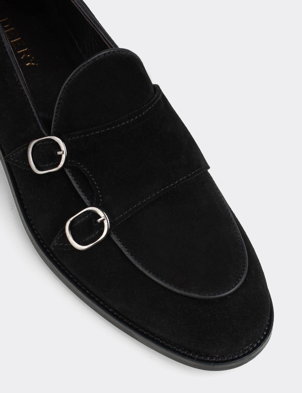 Black Suede Leather Double Monk-Strap Loafers - 01844MSYHN02