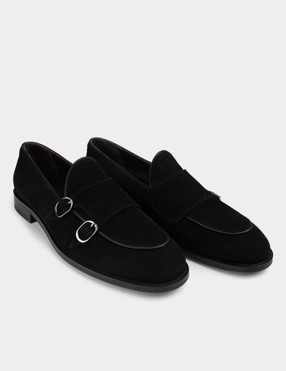 Black Suede Leather Double Monk-Strap Loafers - 01844MSYHN02