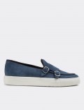 Blue Suede Leather Double Monk-Strap Sneakers