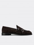 Brown Suede Leather Double Monk-Strap Loafers