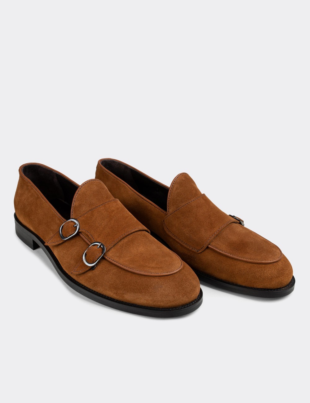 Tan Suede Leather Double Monk-Strap Loafers - 01844MTBAN02