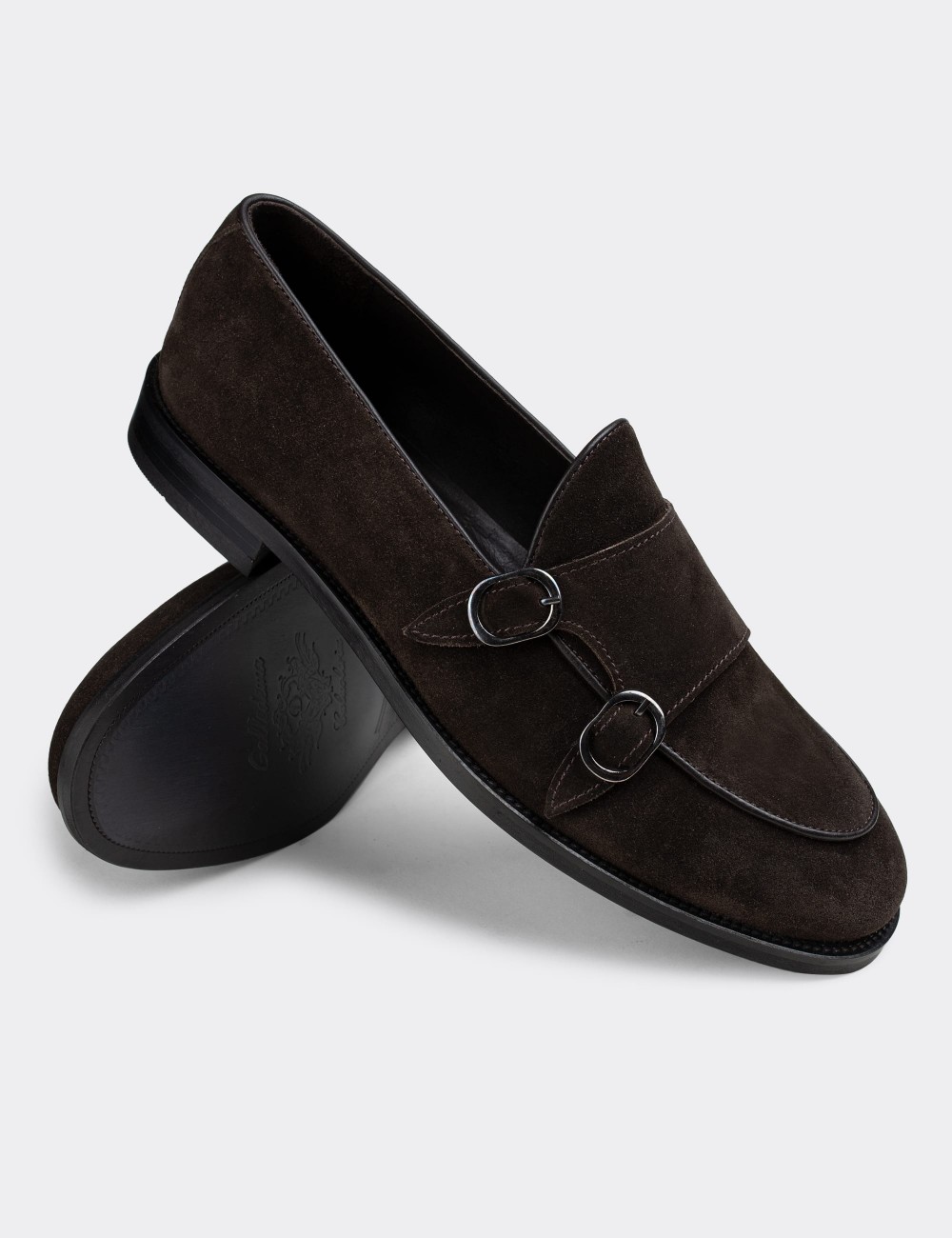 Brown Suede Leather Double Monk-Strap Loafers - 01844MKHVN01