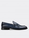 Navy  Leather Double Monk-Strap Loafers