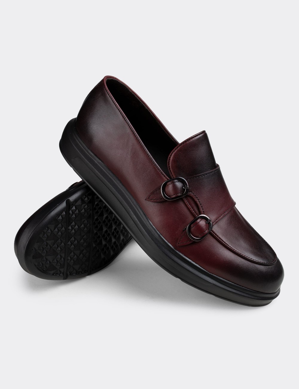 Burgundy  Leather Double Monk-Strap Loafers - 01843MBRDP01