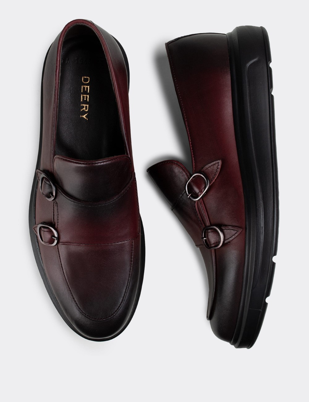 Burgundy  Leather Double Monk-Strap Loafers - 01843MBRDP01