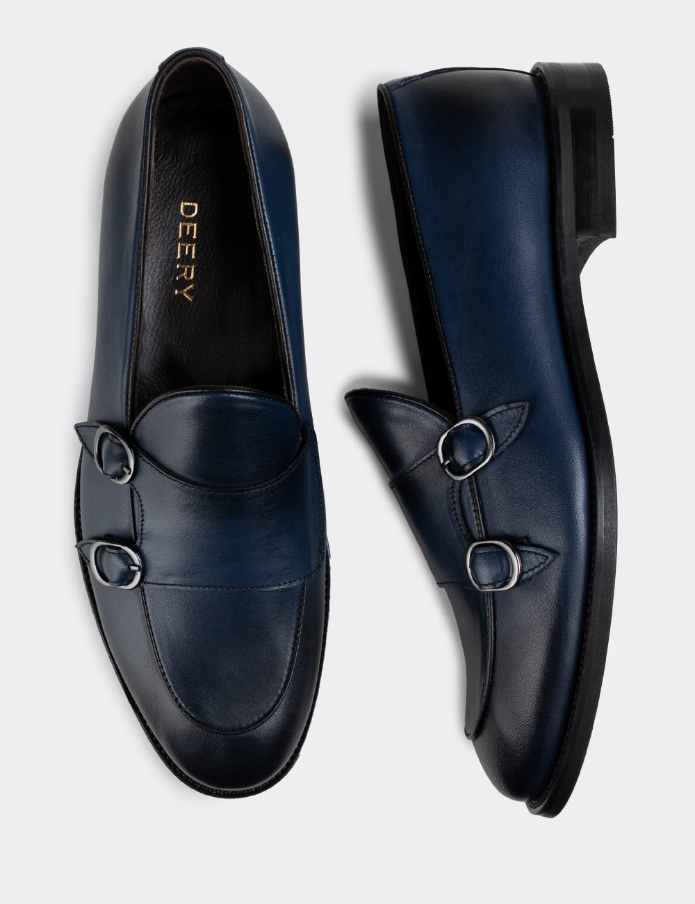 Navy  Leather Double Monk-Strap Loafers - 01844MLCVN01