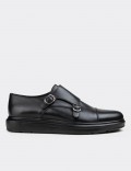 Black  Leather Double Monk-Strap Lace-up Shoes