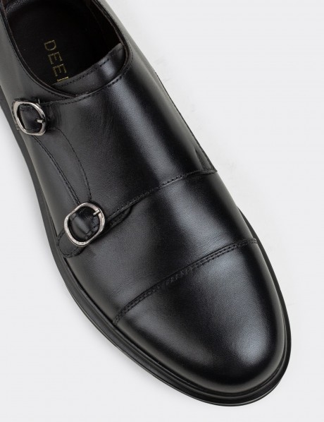 Black  Leather Double Monk-Strap Lace-up Shoes