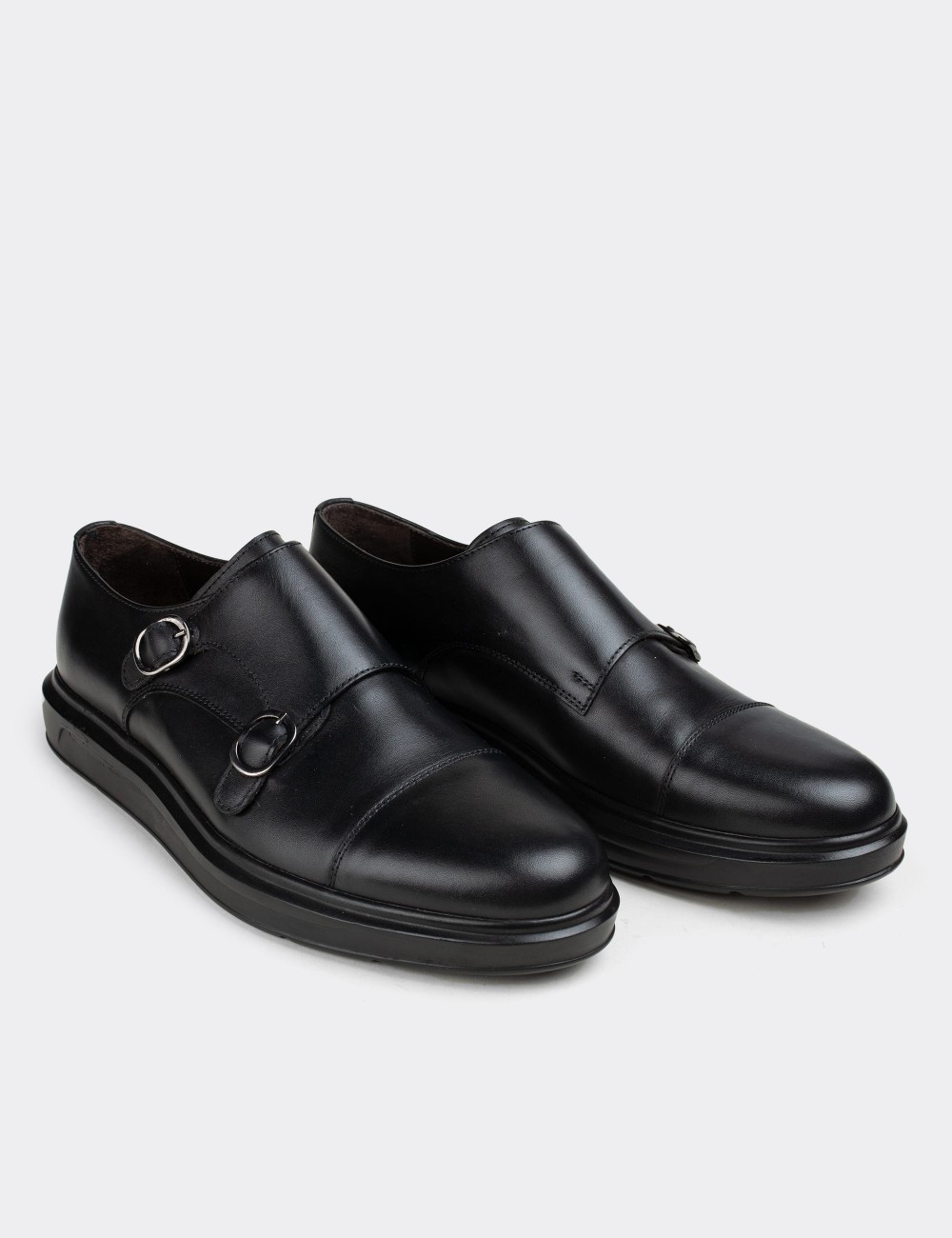 Black  Leather Double Monk-Strap Lace-up Shoes - 01838MSYHP01