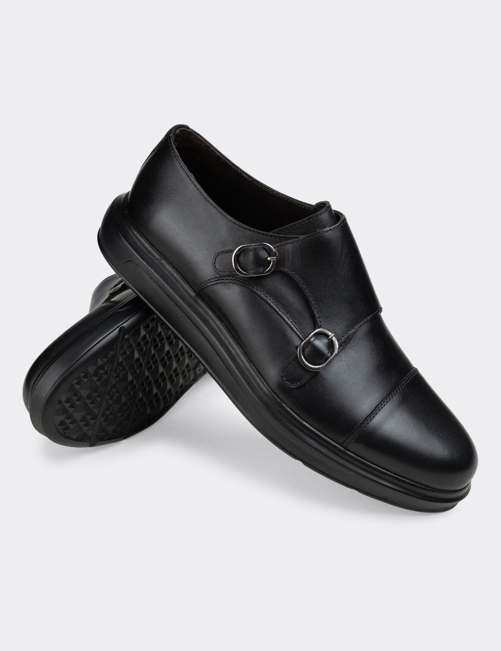 Black  Leather Double Monk-Strap Lace-up Shoes - 01838MSYHP01