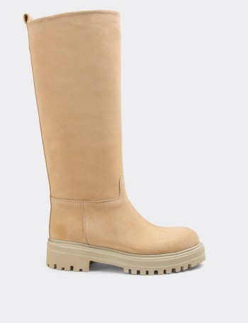 Beige Suede Leather Boots - E1071ZBEJE01