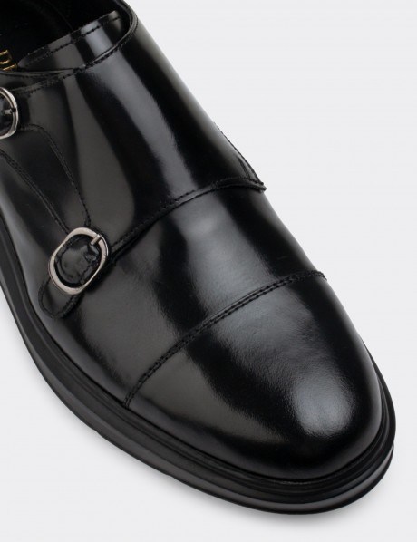 Black  Leather Monk Straps Shoes