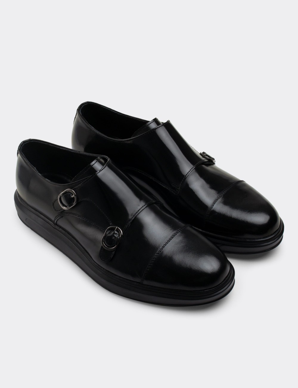 Black  Leather Monk Straps Shoes - 01838MSYHP03
