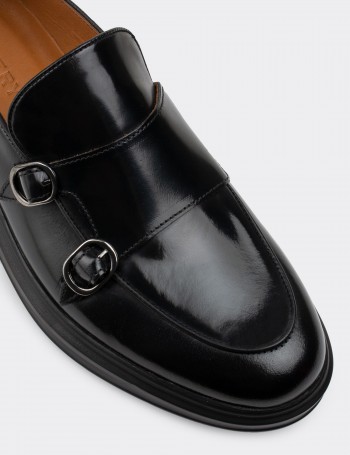 Black  Leather Double Monk-Strap Loafers - 01843MSYHP03