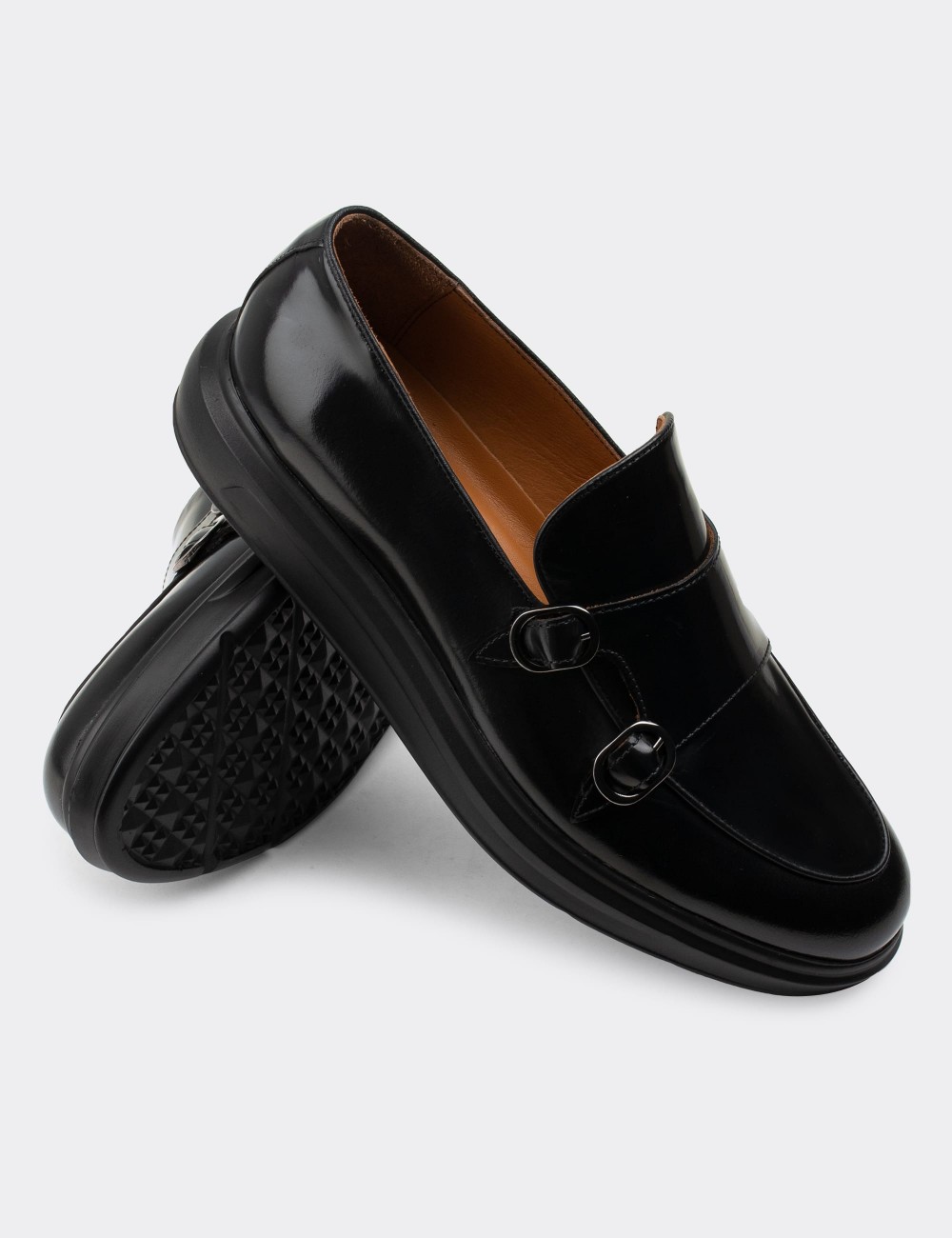 Black  Leather Double Monk-Strap Loafers - 01843MSYHP03