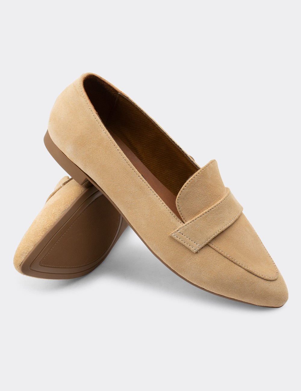 Beige Suede Leather Loafers - 01897ZBEJC01