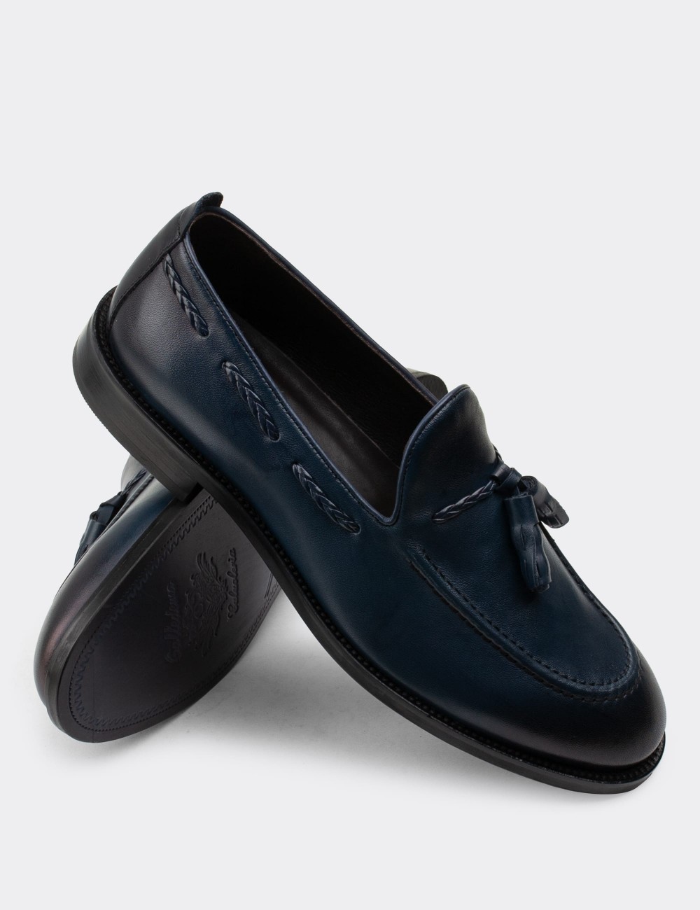 Navy  Leather Loafers - 01642MLCVM06