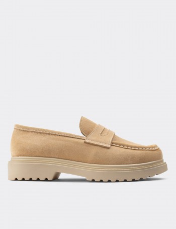 Beige Suede Leather Loafers - 01903ZBEJP01