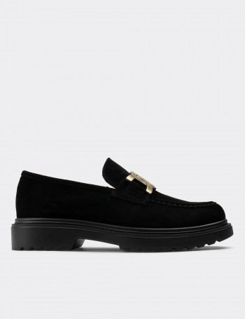 Black Suede Leather Loafers - 01902ZSYHP01