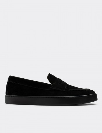 Black Suede Leather Loafers - 01870MSYHC01