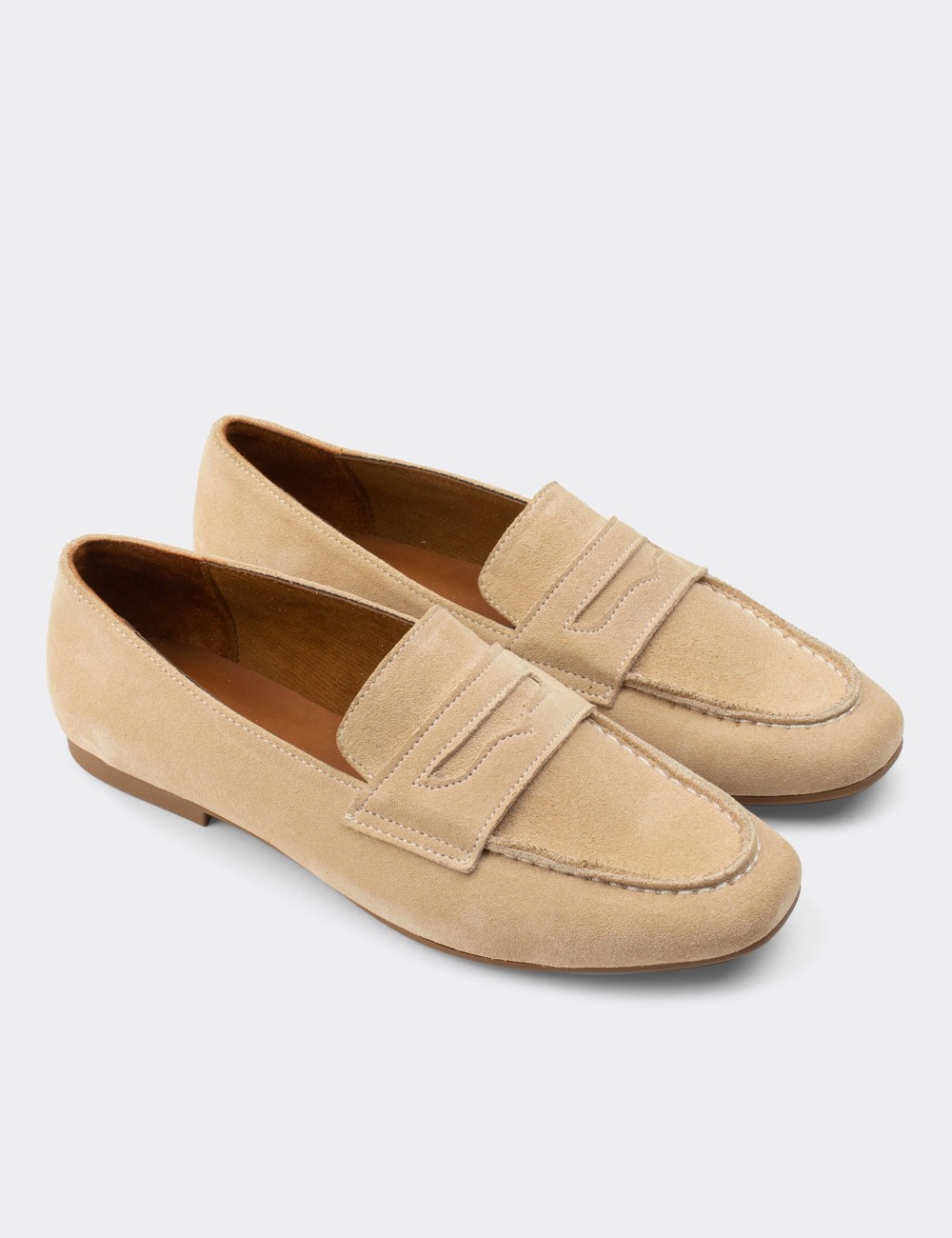 Beige Suede Leather Loafers - 01914ZBEJC01